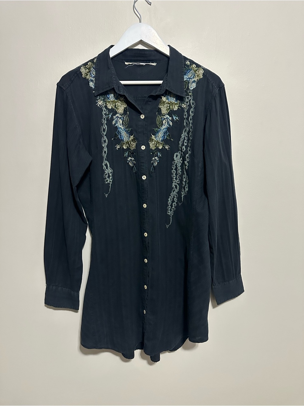 Johnny Was Navy Embroidered Button-Down Shirt with Blue & Green Accents